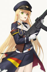 Rule 34 | 1girl, absurdres, assault rifle, black hat, black skirt, blonde hair, collared shirt, commission, cowboy shot, dirty, dirty face, girls&#039; frontline, gloves, green eyes, gun, hat, highres, holding, holding gun, holding weapon, kir (khw66136132), long hair, long sleeves, looking at viewer, military, military hat, military uniform, necktie, open mouth, peaked cap, pixiv commission, rifle, shirt, simple background, skirt, solo, standing, stg44, stg44 (girls&#039; frontline), sweat, torn clothes, trigger discipline, uniform, very long hair, weapon, white gloves