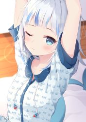 Rule 34 | 1girl, ;&lt;, arms up, bad id, bad pixiv id, blue eyes, blue hair, blurry, blurry background, blush, breasts, closed mouth, collared shirt, commentary request, depth of field, drawstring, dress shirt, fins, fish tail, gawr gura, highres, hololive, hololive english, indoors, long hair, looking at viewer, multicolored hair, one eye closed, pajamas, shirt, short sleeves, silver hair, small breasts, solo, streaked hair, tail, upper body, virtual youtuber, white shirt, wooden floor, yumenone (conectarts)