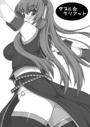 Rule 34 | 00s, 1girl, blush, detached sleeves, double lariat (vocaloid), greyscale, headphones, headset, long hair, megurine luka, monochrome, shichimenchou, solo, standing, thighhighs, vocaloid