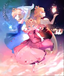 Rule 34 | 1girl, blonde hair, blue dress, blue eyes, bridal veil, choker, commentary request, crown, dress, earrings, elbow gloves, fire peach, fireball, gloves, highres, higuchi megumi, jewelry, lipstick, looking at viewer, makeup, mario (series), multiple views, nintendo, outstretched arm, petals, pink dress, pink footwear, princess peach, the super mario bros. movie, veil, white dress, white gloves