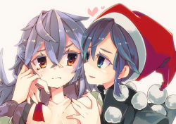 Rule 34 | 2girls, aoi kujira, arm around neck, blue eyes, blue hair, blush, grabbing another&#039;s breast, breasts, breasts apart, brown eyes, doremy sweet, grabbing, hat, heart, heart-shaped pupils, kishin sagume, multiple girls, nightcap, open clothes, open mouth, open shirt, pom pom (clothes), shirt, silver hair, simple background, smile, symbol-shaped pupils, tongue, tongue out, touhou, yuri