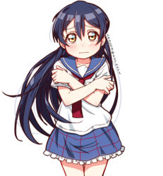 Rule 34 | 1girl, aged down, blue hair, blush, commentary request, cowboy shot, hair between eyes, long hair, looking at viewer, love live!, love live! school idol project, school uniform, serafuku, simple background, skull573, solo, sonoda umi, white background, yellow eyes