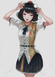 Rule 34 | 1girl, arms up, autumn leaf print, black hair, black neckerchief, black ribbon, black skirt, bob cut, buttons, claw pose, collared shirt, commentary request, cowboy shot, fingernails, fjsmu, hair ornament, hat, highres, leaf print, looking at viewer, neckerchief, pink eyes, pleated skirt, pom pom (clothes), pom pom hair ornament, print collar, print shirt, red hat, ribbon, ribbon-trimmed shirt, ribbon-trimmed skirt, ribbon trim, shameimaru aya, shirt, short hair, short sleeves, simple background, skirt, solo, standing, tongue, tongue out, touhou, white background, white ribbon, white shirt, yellow collar