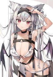 Rule 34 | 1girl, absurdres, animal ears, arm up, armpits, bandages, bandaged arm, bandages, bikini, black choker, breasts, choker, cleavage, closed mouth, collarbone, cowboy shot, demon wings, fox ears, fox girl, fox tail, hair ribbon, highres, large breasts, long hair, looking at viewer, multiple straps, navel, original, red eyes, ribbon, salute, silver hair, smile, solo, standing, stomach, swimsuit, tail, very long hair, white background, white bikini, wings, yayoichi (yoruyoru108)