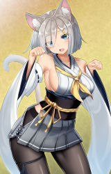 Rule 34 | 1girl, adapted costume, animal ears, azur lane, black pantyhose, blue eyes, blush, breasts, cat ears, cat tail, contrapposto, cowboy shot, detached sleeves, eyes visible through hair, grey hair, grey skirt, hair over one eye, hamakaze (kancolle), hands up, kantai collection, large breasts, looking at viewer, obi, open mouth, pantyhose, paw pose, pleated skirt, ribbon-trimmed sleeves, ribbon trim, sash, short hair, sin (kami148), skirt, sleeveless, solo, standing, tail, teeth, thighs
