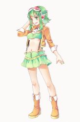 Rule 34 | 1girl, breasts, goggles, goggles on head, green eyes, green hair, gumi, gumi (v3 megpoid), highres, matching hair/eyes, navel, nou (nounknown), short hair, short hair with long locks, simple background, skirt, smile, solo, vocaloid, white background