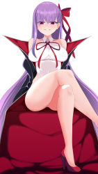 Rule 34 | 1girl, bare shoulders, bb (fate), bb (fate) (all), bb (swimsuit mooncancer) (fate), bb (swimsuit mooncancer) (third ascension) (fate), black coat, blush, breasts, coat, crossed legs, fate/grand order, fate (series), grin, hair ribbon, high heels, highleg, highleg leotard, highres, kurorettsu, large breasts, leotard, long hair, looking at viewer, neck ribbon, open clothes, open coat, popped collar, purple eyes, purple hair, red footwear, red ribbon, ribbon, smile, solo, very long hair, white leotard