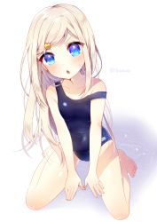 Rule 34 | 1girl, :o, bad id, bad pixiv id, bare shoulders, barefoot, between legs, bird hair ornament, blue eyes, blue one-piece swimsuit, collarbone, dripping, eyebrows, full body, gluteal fold, hair ornament, hand between legs, head tilt, highres, long hair, looking at viewer, mafuyu (chibi21), off shoulder, one-piece swimsuit, original, school swimsuit, sitting, solo, swept bangs, swimsuit, twitter username, wariza, water, wet, white background