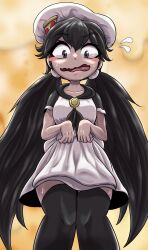 Rule 34 | 1girl, apron, black eyes, black hair, black necktie, black thighhighs, blush stickers, breasts, chef hat, commentary request, constricted pupils, dress, flying sweatdrops, from below, genderswap, genderswap (mtf), hair between eyes, hat, highres, korean commentary, long hair, looking at viewer, medium breasts, necktie, open mouth, peppina ramen, peppino spaghetti, pizza hair ornament, pizza tower, powpill, short sleeves, standing, sweat, thighhighs, twintails, uneven eyes, very long hair, wavy mouth, white apron, white dress, white headwear, zettai ryouiki