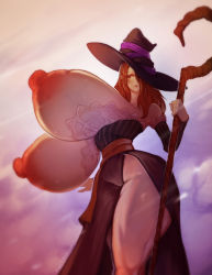 Rule 34 | 1girl, bare shoulders, breasts, breasts out, brown hair, cleavage, curvy, detached sleeves, dragon&#039;s crown, dress, gigantic breasts, hat, highres, large areolae, large nipples, long hair, nipples, puffy nipples, pwcsponson, red hair, side slit, solo, sorceress (dragon&#039;s crown), staff, strapless, strapless dress, thick thighs, thighhighs, thighs, wide hips, witch hat