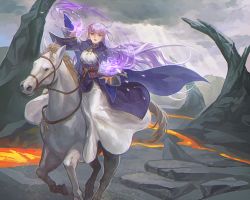Rule 34 | 1girl, absurdly long hair, cloak, cloud, cloudy sky, commission, commissioner upload, dress, expressionless, fire emblem, fire emblem: the binding blade, hair blowing, highres, horse, long hair, magic, lava, nintendo, open mouth, picnicic, purple eyes, purple hair, serious, sky, sophia (fire emblem), very long hair