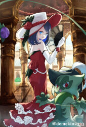 1girl absurdres blue_eyes blue_hair commentary_request creatures_(company) demekin2333 dress elbow_gloves floragato flower game_freak gloves hand_fan hat hat_feather hat_flower highres indoors liko_(pokemon) medium_hair nintendo pillar pokemon pokemon_(anime) pokemon_(creature) pokemon_horizons red_dress red_flower red_rose rose strapless strapless_dress twitter_username