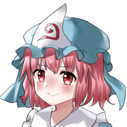 Rule 34 | 1girl, ailu elf, blue hat, closed mouth, hat, looking at viewer, mob cap, pink eyes, pink hair, portrait, saigyouji yuyuko, short hair, simple background, smile, solo, touhou, triangular headpiece, white background