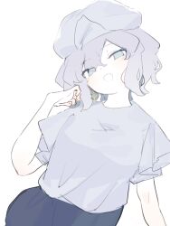 Rule 34 | 1girl, alternate costume, blue shirt, commentary, garasuno, hair between eyes, hand up, hat, highres, letty whiterock, looking at viewer, open mouth, purple hair, shirt, short sleeves, simple background, smile, solo, touhou, upper body, white background