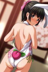 Rule 34 | 1girl, absurdres, animal ears, ass, bare back, bare shoulders, black eyes, black hair, blurry, blurry background, blush, closed mouth, commentary request, detached collar, fake animal ears, floral print, food, from behind, fruit, hair ribbon, highres, indoors, leotard, looking at viewer, looking back, matsunaga kouyou, original, peach, pink ribbon, playboy bunny, ponytail, print leotard, rabbit ears, ribbon, short hair, smile, solo, thighs, undressing, white leotard
