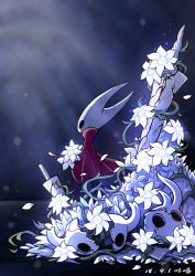 Rule 34 | 1girl, absurdres, cloak, commentary, crack, cracked mask, flower, highres, holding, holding flower, hollow eyes, hollow knight, hornet (hollow knight), nail, petals, red cloak, solo, standing, ugly cat, weapon, white flower