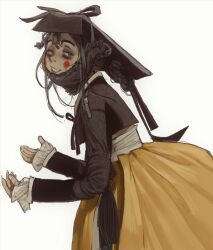 Rule 34 | 1girl, black eyes, black hair, facial mark, from side, hanbok, hat, highres, korean clothes, long sleeves, looking at viewer, looking to the side, mossacannibalis, original, simple background, smile, solo, white background, yeonji gonji