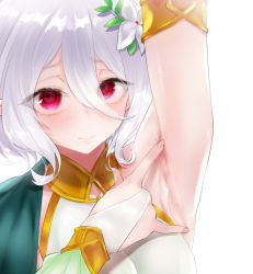 Rule 34 | 1girl, \m/, arm up, armpits, blush, eyes visible through hair, flower, gloves, hair between eyes, hair flower, hair ornament, kokkoro (princess connect!), looking at viewer, pointy ears, princess connect!, red eyes, ricochet-gou, short hair, silver hair, simple background, solo, spread armpit, sweat, white background