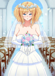 Rule 34 | 1girl, absurdres, artist request, bare shoulders, blonde hair, blue eyes, blush, breasts, bridal gauntlets, bridal veil, church, cleavage, dress, highres, large breasts, long hair, looking at viewer, onizaki kirara, solo, standing, taimanin (series), taimanin rpgx, twintails, upper body, veil, wedding dress
