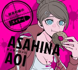 Rule 34 | 1girl, asahina aoi, blue eyes, breasts, brown hair, bullet, character name, cleavage, collarbone, commentary request, copyright name, danganronpa: trigger happy havoc, danganronpa (series), doughnut, food, hair ornament, hairclip, holding, holding food, jacket, large breasts, long sleeves, looking at viewer, pink background, red jacket, shirt, short hair, solo, tege (tege xxx), translation request, upper body