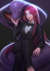 Rule 34 | 1girl, alternate costume, alternate hairstyle, apple brk, arbok, black neckwear, black suit, blue eyes, bow, bowtie, collared shirt, creatures (company), crossed legs, dark background, earrings, eyes visible through hair, forked tongue, formal, game freak, gen 1 pokemon, hair down, jessie (pokemon), jewelry, long hair, looking at viewer, nail polish, nintendo, pokemon, pokemon (anime), pokemon (creature), purple hair, red nails, shirt, sitting, smile, snake, suit, tongue, tongue out, tuxedo, very long hair