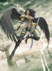 Rule 34 | angel, armor, black hair, dark skin, dragon, lightning, sky, sword, tagme, weapon, wings
