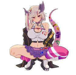 Rule 34 | 1girl, breasts, chain, choker, cleavage, collarbone, dragon girl, highres, horns, large breasts, looking at viewer, midriff, navel, pink thighhighs, purple choker, purple skirt, r project, red eyes, satou daiji, short hair, side ponytail, simple background, single thighhigh, skirt, slit pupils, solo, squatting, tail, thighhighs, tsuzura amo, virtual youtuber, white background, white footwear, white hair