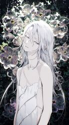 Rule 34 | 1boy, adam&#039;s apple, androgynous, backless outfit, bare shoulders, collarbone, eyelashes, floral background, flower request, grey eyes, grey hair, hair between eyes, head tilt, highres, kazari tayu, light particles, long hair, looking at viewer, multiple straps, nipple slip, nipples, original, parted lips, ribs, sideways glance, skinny, solo, upper body, white hair