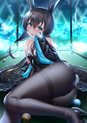 Rule 34 | 1girl, absurdres, amiya (arknights), animal ears, aqua eyes, arknights, ass, blue eyes, breasts, brown hair, commentary request, furrowed brow, high heels, highres, jacket, ken ill, leotard, long hair, looking at viewer, low ponytail, night, off shoulder, open clothes, open jacket, pantyhose, playboy bunny, ponytail, rabbit ears, rabbit tail, small breasts, solo, tail, tears, thighband pantyhose