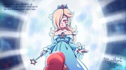 Rule 34 | 1boy, 1girl, artist name, bare shoulders, blonde hair, blue dress, brooch, closed eyes, crown, dress, hair over one eye, hat, highres, jewelry, light, long hair, looking at another, looking at viewer, mario, mario (series), nintendo, rosalina, rosie (supnovagy), standing, super mario galaxy, wand
