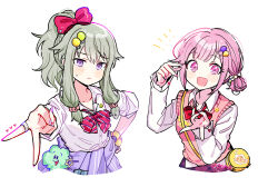 Rule 34 | !, 2girls, absurdres, badge, bag, blush, bow, bowtie, button badge, buttons, candy hair ornament, closed mouth, clothes around waist, collared shirt, commentary request, diagonal-striped bow, diagonal-striped bowtie, diagonal-striped clothes, dress shirt, fingernails, food, food-themed hair ornament, green hair, hair ornament, hair up, hand on own hip, hand up, heart, highres, jacket, jacket around waist, jewelry, kusanagi nene, long hair, long sleeves, looking at viewer, low-tied sidelocks, multiple girls, nail polish, ootori emu, open mouth, pink eyes, pink hair, pink nails, pink sweater vest, pjmiyo, ponytail, project sekai, purple eyes, red bow, ring, shirt, shoulder bag, simple background, star (symbol), striped clothes, sweater vest, taiyaki, v, wagashi, white background, white shirt, yellow bag