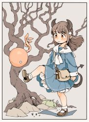 Rule 34 | 1girl, akai sashimi, arms at sides, bag, bare tree, blue dress, border, brown footwear, brown hair, clenched hand, closed mouth, creature, demon horns, demon tail, dot nose, dress, flower, framed, frills, gradient eyes, grey background, hair flower, hair ornament, half updo, highres, horns, leg lift, long sleeves, looking at another, mary janes, medium hair, multicolored eyes, muted color, neckerchief, orange eyes, original, outdoors, petticoat, plant roots, pointy ears, shadow, shoe soles, shoes, shoulder bag, sleeve cuffs, smile, socks, tail, tareme, tentacles, tree, white neckerchief
