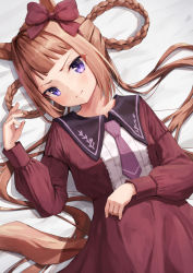 Rule 34 | 1girl, akasaki koyo, animal ears, bed, blush, brown hair, casual, commentary request, hair ribbon, hair rings, highres, horse ears, horse girl, horse tail, long hair, looking at viewer, lying, portrait, purple eyes, ribbon, simple background, solo, sweep tosho (umamusume), tail, umamusume, white background