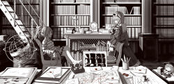 Rule 34 | 2girls, :|, armchair, astrolabe, barefoot, blouse, board game, book, book stack, bookshelf, chair, character doll, chess, chessboard, chinese commentary, closed mouth, commentary, crossed legs, cuffs, desk, desk lamp, foul detective satori, frilled shirt collar, frilled skirt, frilled sleeves, frills, from side, fumo (doll), greyscale, hair ornament, hair tubes, hairband, hat, heart, heart hair ornament, highres, indoors, ink, ink bottle, james moriarty, komeiji koishi, komeiji satori, lamp, letter, letter opener, loaded interior, long sleeves, looking at another, medium hair, miyadeguchi mizuchi, monochrome, multiple girls, notebook, on chair, open book, paper, pen, pencil, ponytail, railing, roomscape, shackles, sherlock holmes, shirt, sidelocks, sitting, skirt, skirt set, smirk, spoilers, stairs, striped clothes, striped shirt, the adventures of sherlock holmes, third eye, touhou, wax seal, wide sleeves, yazato ichimushi