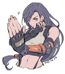 Rule 34 | 1girl, arm guards, aruhino, bare shoulders, black gloves, black hair, closed mouth, commentary, crop top, cropped torso, dated, earrings, elbow gloves, fighting stance, final fantasy, final fantasy vii, final fantasy vii remake, fingerless gloves, gloves, jewelry, long hair, looking at viewer, low-tied long hair, midriff, navel, open hand, red eyes, serious, single earring, solo, sparkle, suspenders, swept bangs, tank top, tifa lockhart, upper body, white background, white tank top