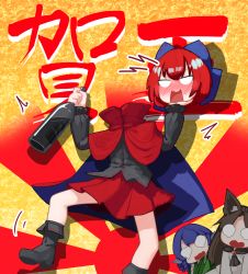 Rule 34 | 3girls, alcohol, animal ears, black shirt, blue hair, blush, boots, bottle, brown hair, cape, chibi, disembodied head, drunk, fins, foot out of frame, full-face blush, hands up, head fins, highres, holding, holding bottle, holding head, imaizumi kagerou, long hair, multiple girls, pleated skirt, red cape, red hair, red skirt, sekibanki, shirt, short hair, skirt, solo focus, standing, standing on one leg, sunburst, sunburst background, touhou, wakasagihime, wolf ears, zakozako y