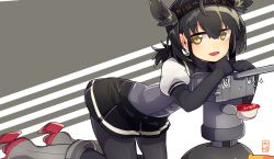 Rule 34 | 10s, 1girl, @ @, arched back, bad id, bad pixiv id, black gloves, black hair, black pantyhose, black skirt, bodysuit, boots, brown eyes, buttons, chou-10cm-hou-chan (hatsuzuki&#039;s), clothes writing, corset, cup ramen, drooling, failure penguin, gloves, grey footwear, hachimaki, hair flaps, hairband, hatsuzuki (kancolle), headband, highres, holding, kantai collection, knee boots, kneeling, leaning forward, long hair, looking at viewer, miniskirt, open mouth, osaki naya, pantyhose, pleated skirt, ponytail, school uniform, serafuku, short ponytail, skirt, smile, solo, sparkle