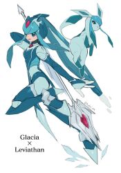 Rule 34 | 1girl, armor, artist name, blue eyes, bodysuit, cosplay, creatures (company), game freak, gen 4 pokemon, glaceon, glaceon (cosplay), helmet, high heels, highres, holding, holding weapon, fairy leviathan (mega man), mega man (series), mega man zero (series), nintendo, pokemon, pokemon (creature), robot girl, vani (hisha 04), weapon