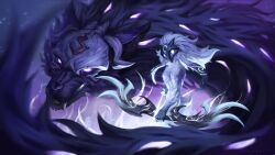 Rule 34 | animal ears, artist name, blurry, blurry foreground, body fur, bow (weapon), from side, furry, furry female, glowing, glowing eyes, grey hair, highres, holding, holding bow (weapon), holding weapon, kindred (league of legends), lamb (league of legends), league of legends, long hair, mask, multicolored background, pie yokai, sharp teeth, sheep ears, sheep tail, tail, teeth, weapon, white fur, wolf (league of legends)