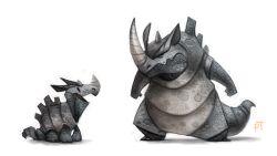 Rule 34 | creatures (company), full body, game freak, gen 1 pokemon, horns, looking at another, nintendo, no humans, open mouth, piper thibodeau, pokemon, pokemon (creature), rhydon, rhyhorn, shadow, signature, simple background, single horn, standing, tail, white background, white theme