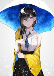 Rule 34 | 1girl, black hair, blouse, blue eyes, bow, bowtie, breasts, eyebrows hidden by hair, grey background, hair between eyes, highres, hitotose hirune, holding, holding umbrella, jacket, long hair, looking at viewer, necktie, off shoulder, original, ribbon, shirt, simple background, sleeveless, solo, tears, umbrella