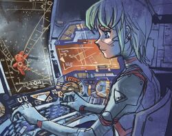 Rule 34 | 1girl, android, aqua hair, cockpit, from side, highres, keyboard (computer), monitor, original, profile, science fiction, short hair, solo, spacecraft, upper body, yumeno rei