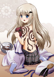 Rule 34 | 1girl, back, back tattoo, backpiece, beret, blonde hair, blue eyes, bowl, buttons, chocolate, egg beater, fang, gift, hair ornament, hairclip, hat, large buttons, little busters!, long hair, looking back, lowres, markings, midori (searchlight), mixing bowl, noumi kudryavka, plaid, plaid skirt, school uniform, serafuku, silver hair, skirt, solo, tattoo, valentine, whisk