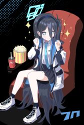 Rule 34 | 1girl, absurdres, aris (blue archive), black hair, black socks, blue archive, blue eyes, food, hair between eyes, halo, highres, long hair, looking at viewer, popcorn, socks, solo, thighs, thomason366