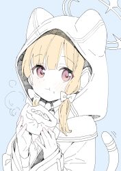 Rule 34 | 1girl, baozi, blonde hair, blue archive, blue background, blush, bow, cat tail, closed mouth, food, hair bow, halo, highres, holding, holding food, hood, hood up, hooded jacket, jacket, long sleeves, looking at viewer, momoi (blue archive), red eyes, short hair, simple background, solo, tail, uchino maiko, upper body