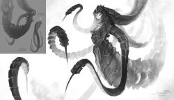 Rule 34 | 1girl, alien, crossed arms, greyscale, highres, izsha, monochrome, monster girl, non-web source, prehensile hair, samwise, scales, signature, solo, spikes, starcraft, starcraft 2: heart of the swarm, starcraft 2: wings of liberty, tail, zerg, zerg (starcraft)