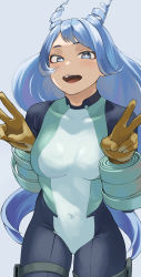 Rule 34 | 1girl, absurdres, bad id, bad pixiv id, blue bodysuit, blue eyes, blue hair, bodysuit, boku no hero academia, bright pupils, covered navel, drill hair, fengling (furin-jp), gloves, green bodysuit, grey background, grin, hadou nejire, hair horns, hands up, highres, long hair, looking at viewer, multicolored bodysuit, multicolored clothes, open mouth, simple background, skin tight, smile, solo, standing, superhero costume, thigh strap, v, very long hair, white pupils, yellow gloves