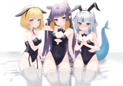 Rule 34 | 3girls, :t, absurdres, alternate costume, animal ears, armpit crease, bare shoulders, black bow, black bowtie, black leotard, blonde hair, blue eyes, blue hair, blunt bangs, blush, bow, bowtie, breasts, cleavage, cleavage cutout, clothing cutout, collarbone, covered navel, covering privates, covering breasts, detached collar, embarrassed, fake animal ears, fake tail, fins, fish tail, garter straps, gawr gura, gluteal fold, gradient hair, hair bobbles, hair ornament, hairband, hand in own hair, highleg, highleg leotard, highres, hololive, hololive english, leotard, long hair, looking at viewer, medium breasts, medium hair, mole, mole under eye, multicolored hair, multiple girls, narrowed eyes, necktie, ninomae ina&#039;nis, open mouth, playboy bunny, pout, purple eyes, purple hair, rabbit ears, rabbit tail, red necktie, shark tail, short hair, sideboob, sitting, small breasts, streaked hair, stu diho, tail, thigh gap, thighhighs, thighs, two side up, underboob, v-shaped eyebrows, very long hair, virtual youtuber, watson amelia, white hair, white thighhighs