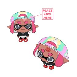 Rule 34 | 1girl, :3, backwards hat, baseball cap, closed mouth, dark-skinned female, dark skin, dot nose, grey eyes, hat, ikki (gsl 9708), inkling, inkling girl, inkling player character, medium hair, meme, multicolored clothes, multicolored headwear, multiple views, nintendo, pink hair, place lips here (meme), pointy ears, simple background, splatoon (series), tentacle hair, thick eyebrows, white background