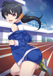 Rule 34 | 1girl, :d, ass, bare shoulders, blue hair, commentary request, gym shorts, hair bun, hair ornament, hair scrunchie, highres, jacket, long hair, looking at viewer, love live!, love live! sunshine!!, open clothes, open jacket, open mouth, orange scrunchie, ponytail, purple eyes, running track, scrunchie, shoes, shorts, side bun, single side bun, smile, sneakers, solo, track jacket, track uniform, tsushima yoshiko, yamaori (yamaorimon)